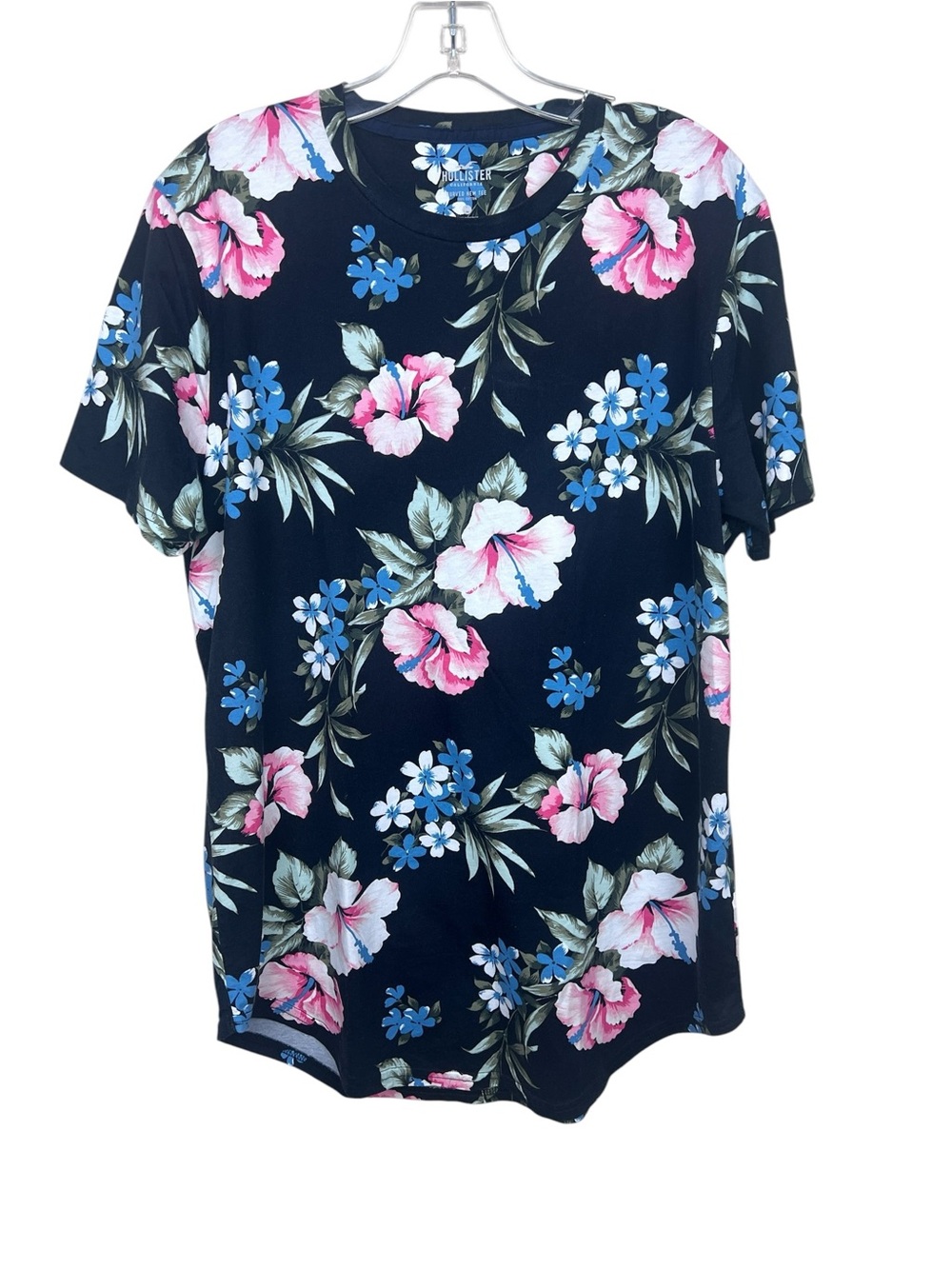 Hollister Mens Black Floral Curved Hem Tee Shirt Short-Sleeve Large Tropical